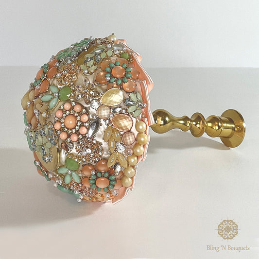 Bridal Brooch Bouquet - 'Minty Peach' Statement bouquet, unconventional, non-traditional, gold, brass, peach, mint, pink, coral, salmon, ivory, green rhinestones