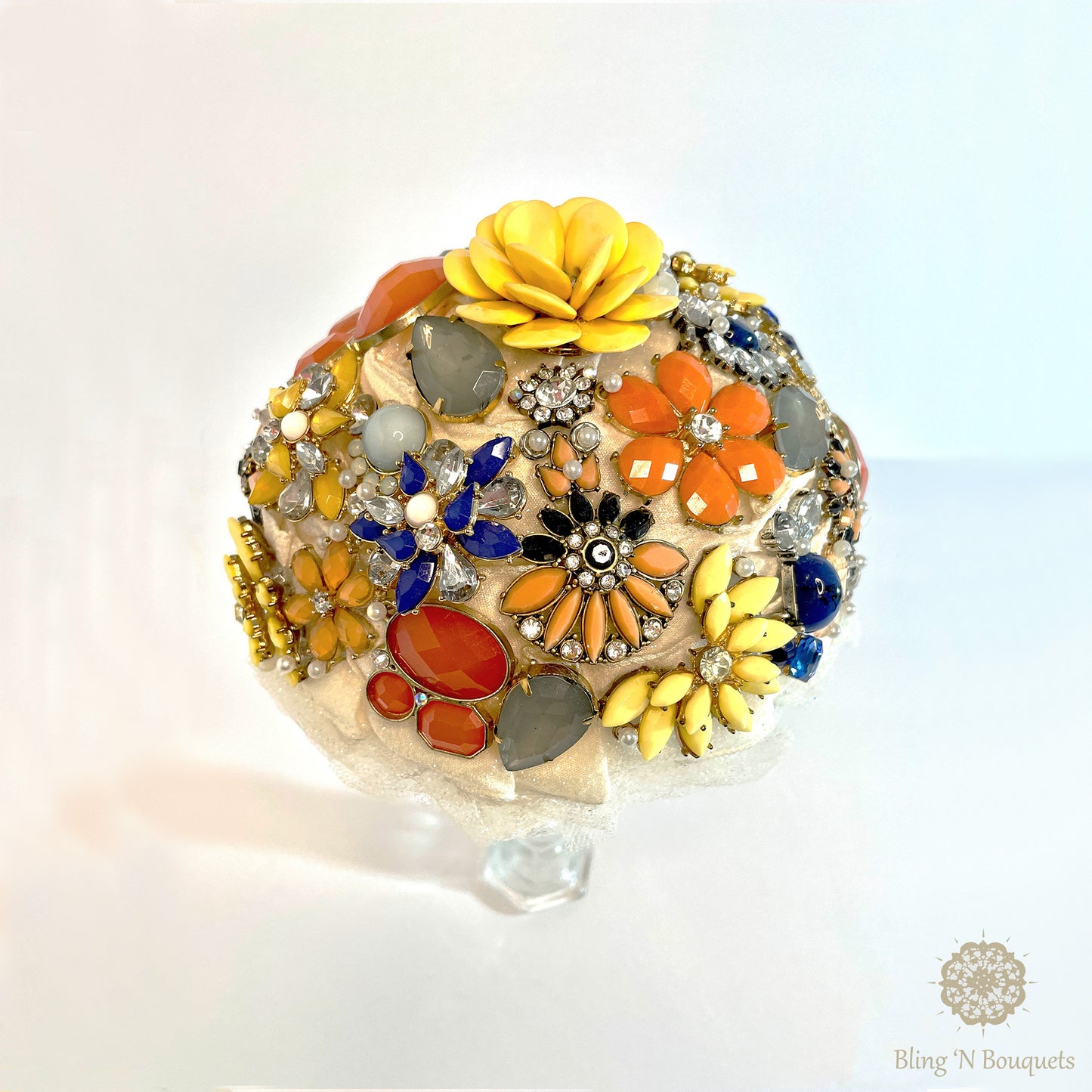 Bridal Wedding Brooch bouquet 'Spring Bloom' Yellow, blue, peach, coral, Unique, unconventional, non-traditional