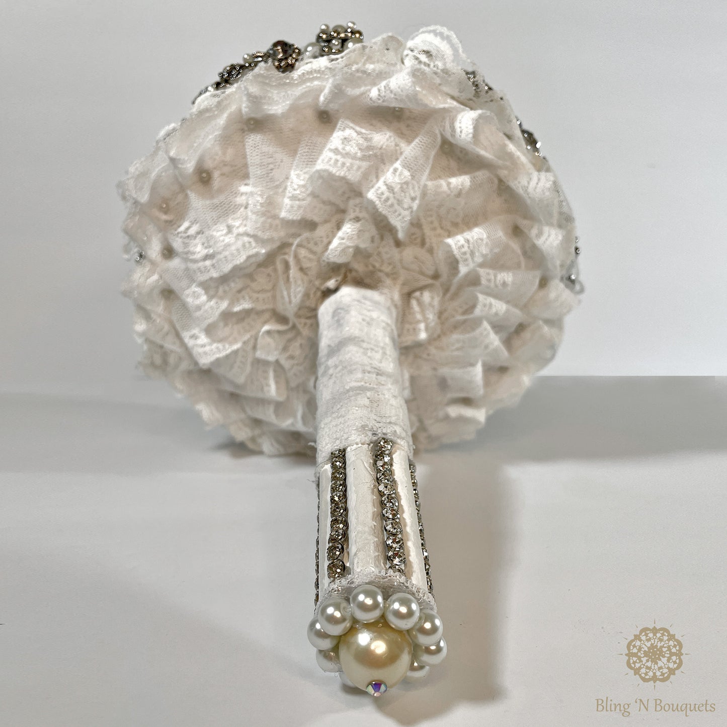 Brooch bouquet, bridal, wedding, unconventional, jeweled bouquet. Silver & white, Lace, floral, diamonds, rhinestones, pearls