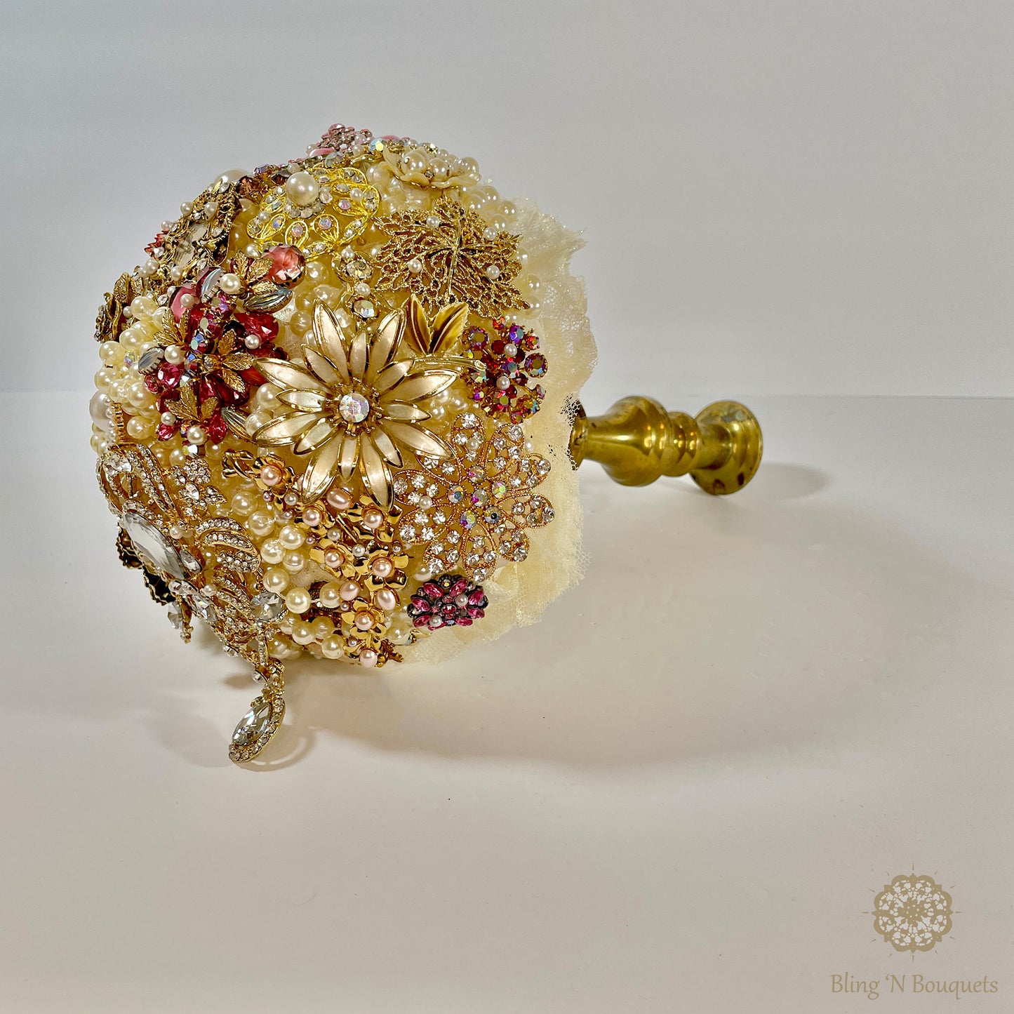 ‘Grandma’s jewelry box’ Wedding Brooch Bouquet gold, pink, ivory vintage style brass candlestick