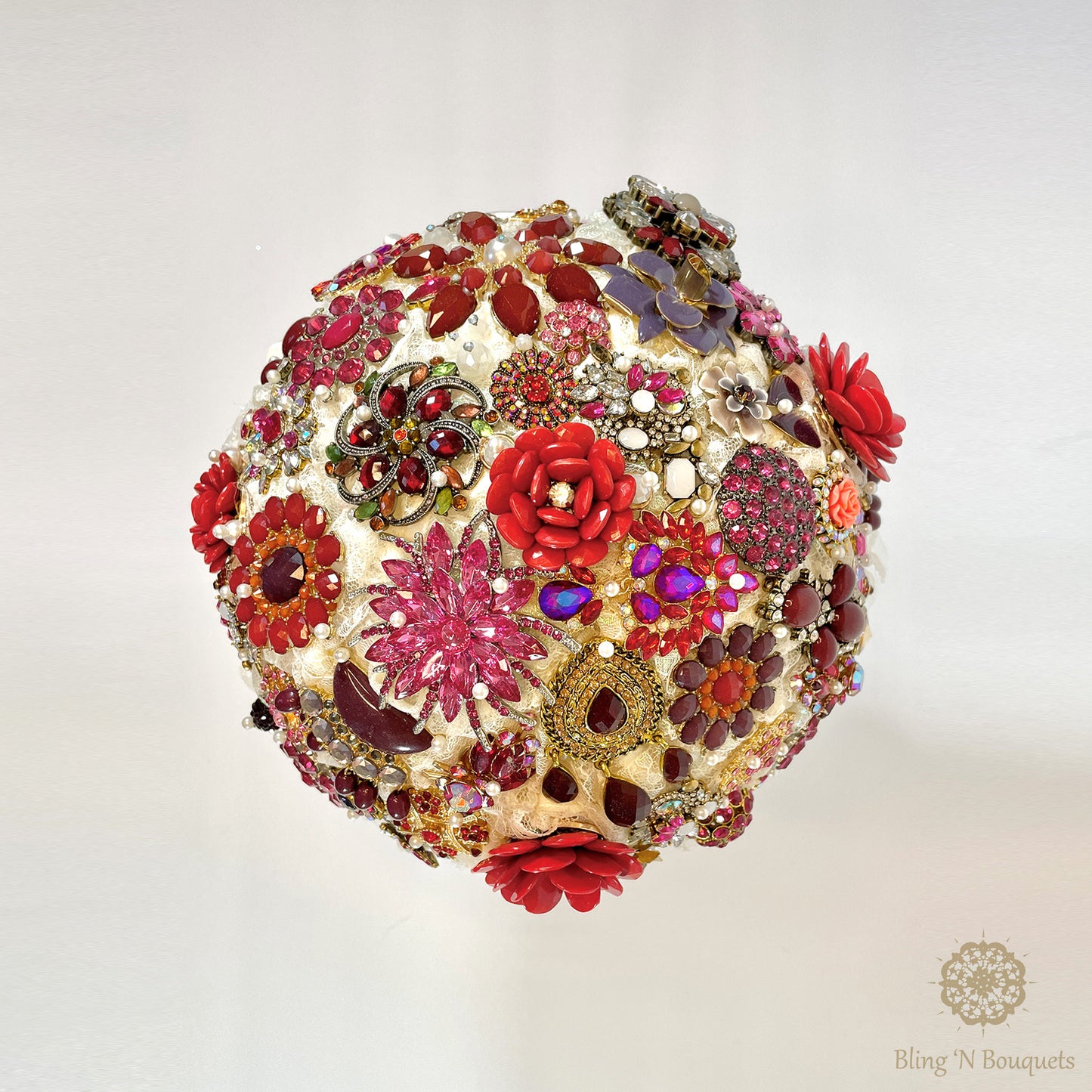 Red Hot Wedding Bridal Brooch Bouquet with reds, pinks, purples, hot pink, magenta, white, glam, sparkle, glitter