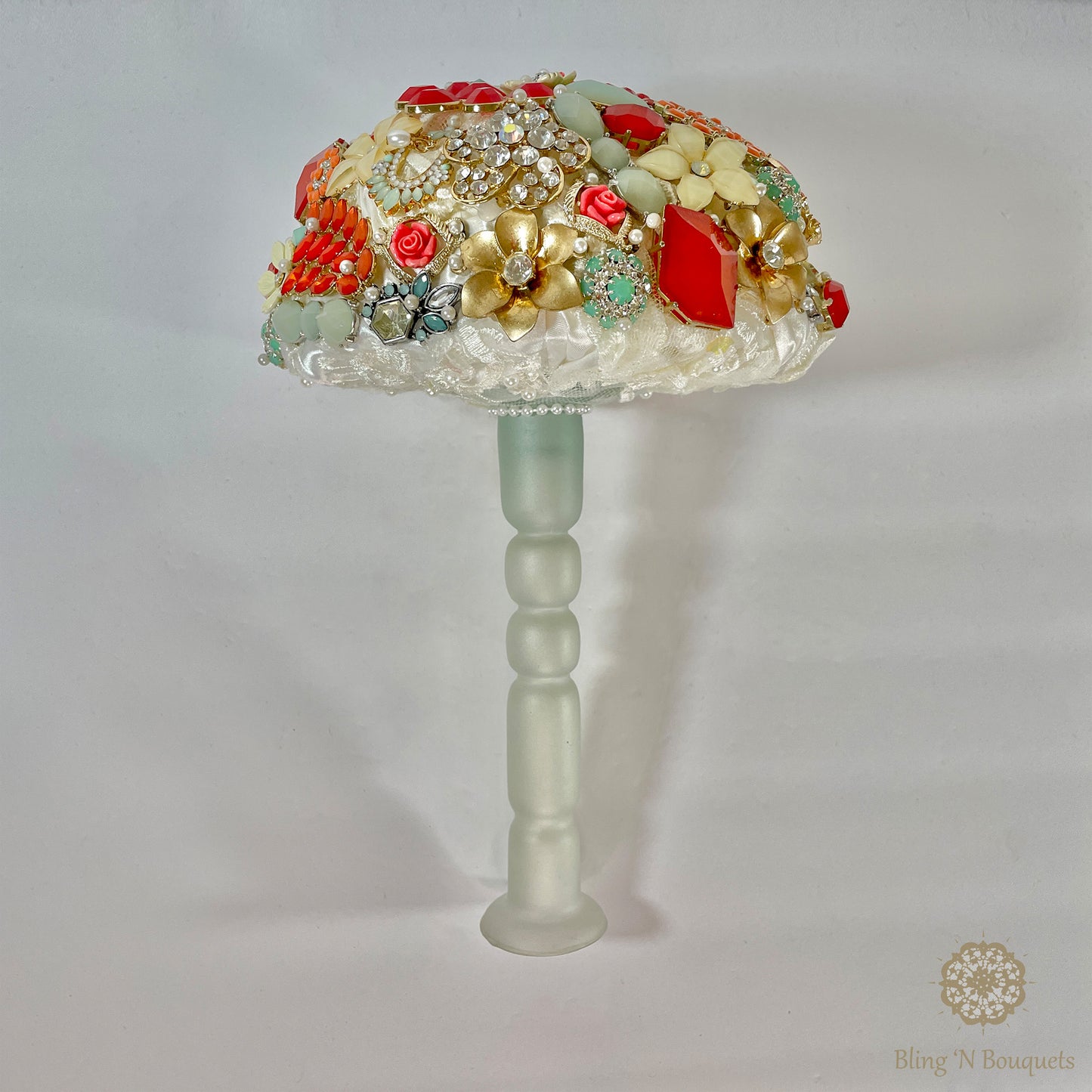 Fun bright bold Bridal Wedding Brooch Bouquet ‘Peppermint’ coral, mint green, red, ivory, white, rust, ombré