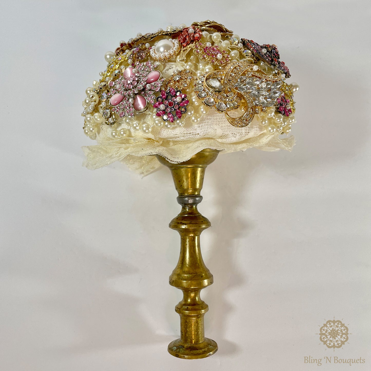 ‘Grandma’s jewelry box’ Wedding Brooch Bouquet gold, pink, ivory vintage style brass candlestick