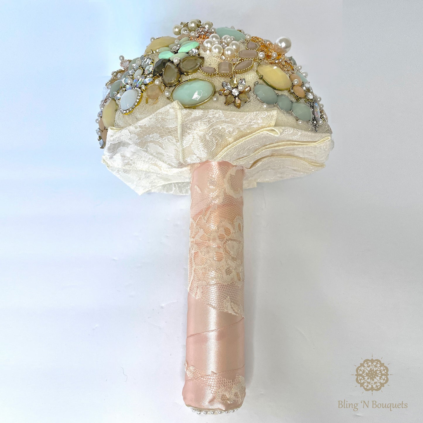 Wedding Bridal Brooch Bouquet 'Coastal Sunset' soft pinks, seafoam green, cream, ivory, rose gold, lace, sparkle, glitter, glam