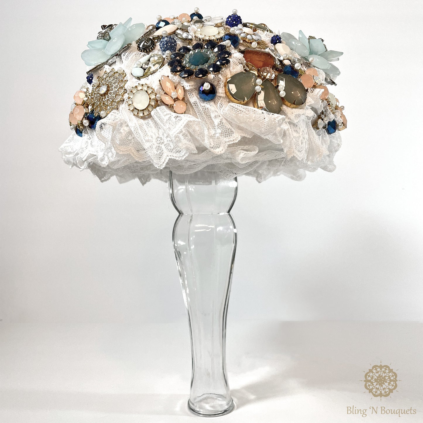 Something Blue Wedding Bridal Brooch bouquet blue, white, peach, gold, unconventional, unique, bling, sparkle, glam, vintage