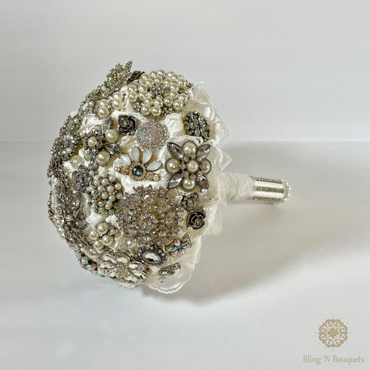 Brooch bouquet, bridal, wedding, unconventional, jeweled bouquet. Silver & white, Lace, floral, diamonds, rhinestones, pearls