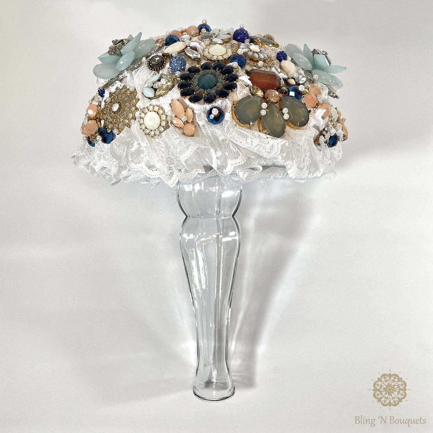 Something Blue Wedding Bridal Brooch bouquet blue, white, peach, gold, unconventional, unique, bling, sparkle, glam, vintage