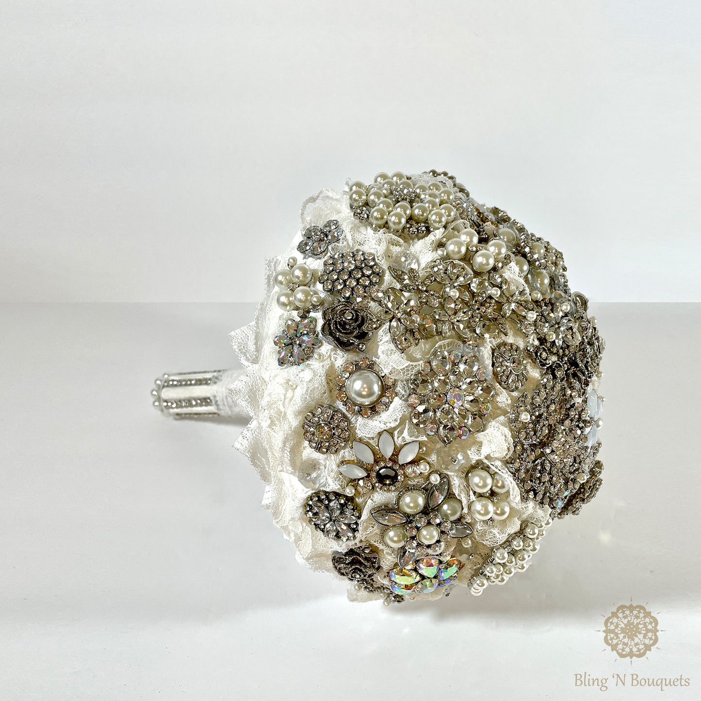 Brooch bouquet, bridal, wedding, unconventional, jeweled bouquet. Silver & white, Lace, floral, diamonds, rhinestones, pearls