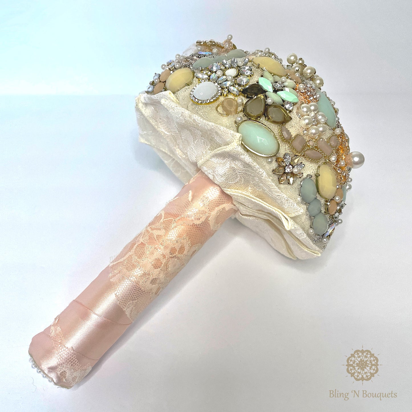 Wedding Bridal Brooch Bouquet 'Coastal Sunset' soft pinks, seafoam green, cream, ivory, rose gold, lace, sparkle, glitter, glam