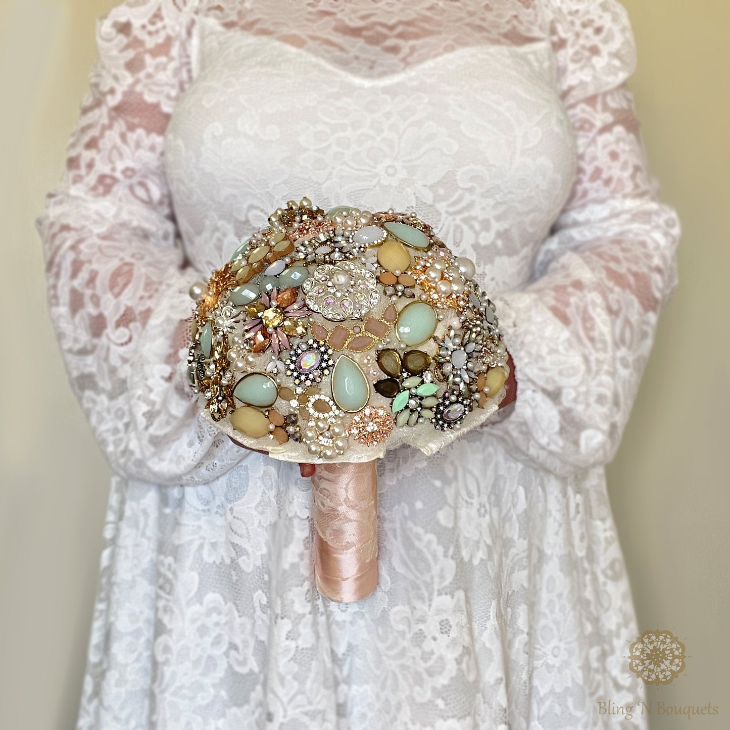 Wedding Bridal Brooch Bouquet 'Coastal Sunset' soft pinks, seafoam green, cream, ivory, rose gold, lace, sparkle, glitter, glam