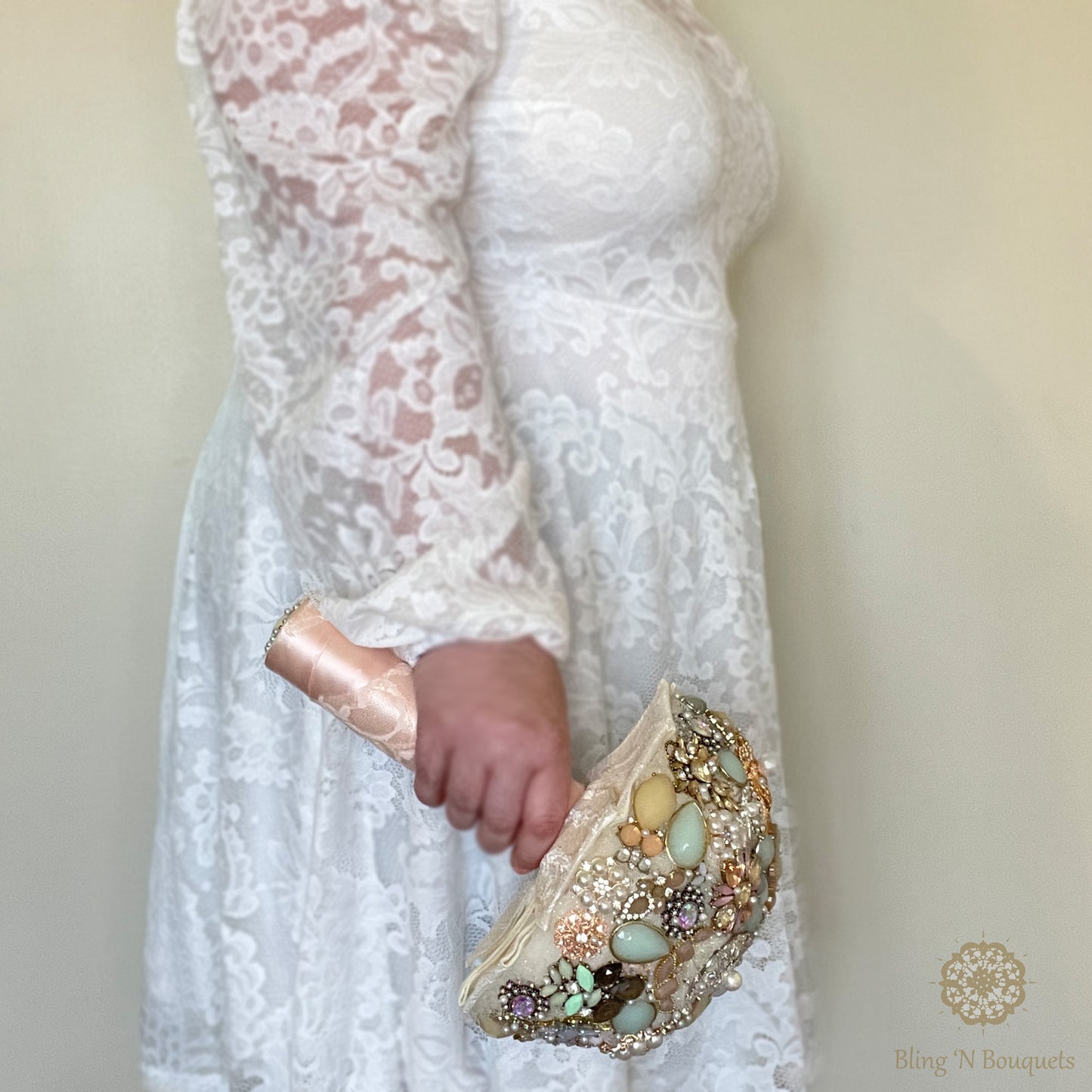 Wedding Bridal Brooch Bouquet 'Coastal Sunset' soft pinks, seafoam green, cream, ivory, rose gold, lace, sparkle, glitter, glam