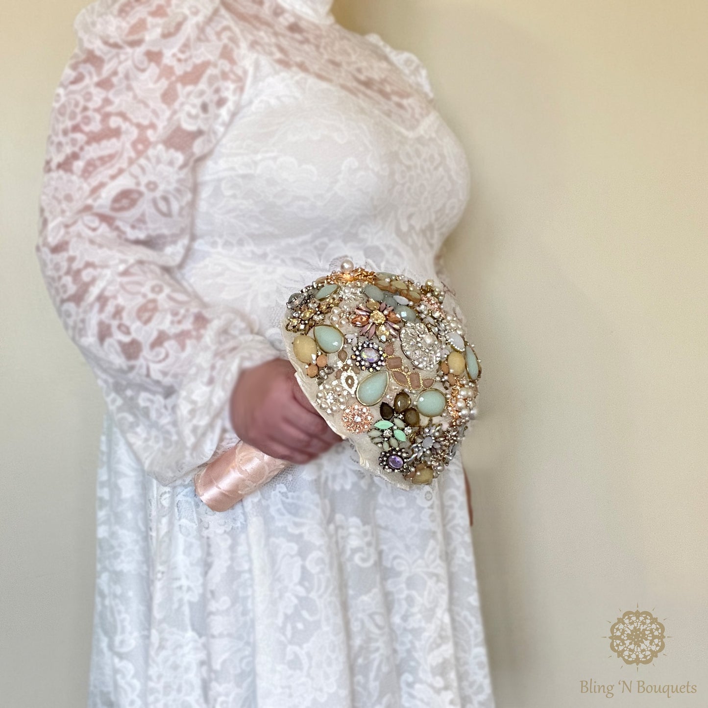 Wedding Bridal Brooch Bouquet 'Coastal Sunset' soft pinks, seafoam green, cream, ivory, rose gold, lace, sparkle, glitter, glam