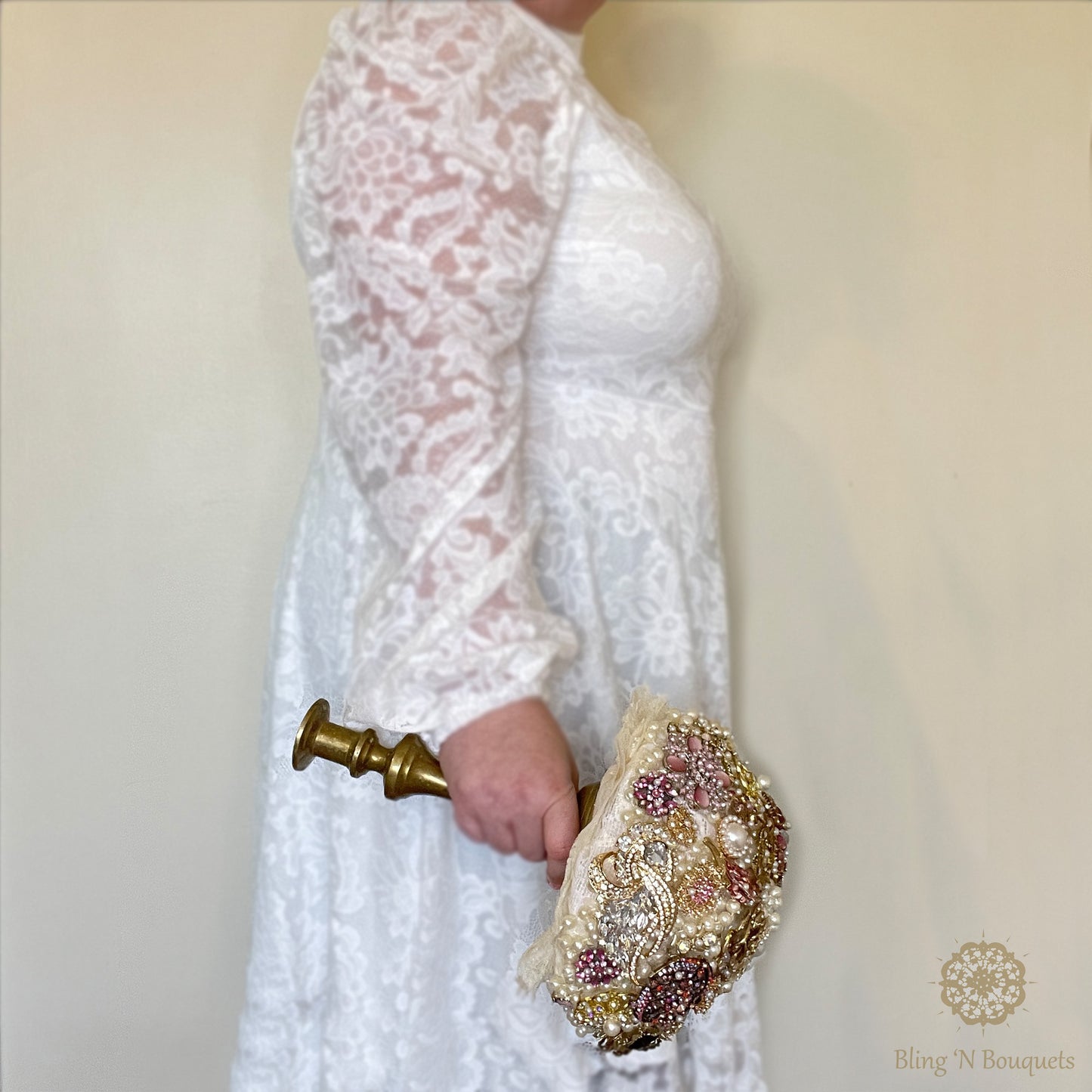 ‘Grandma’s jewelry box’ Wedding Brooch Bouquet gold, pink, ivory vintage style brass candlestick