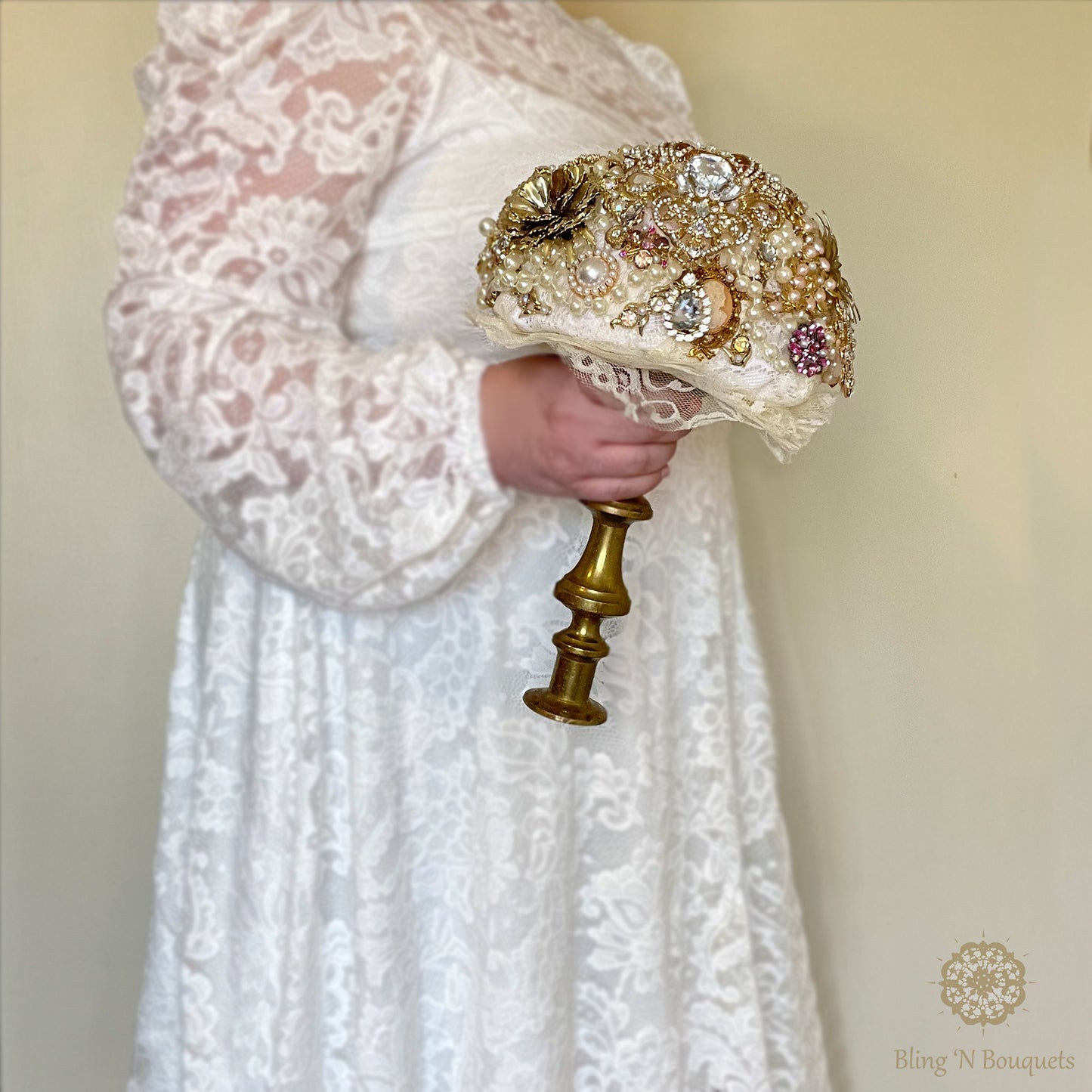 ‘Grandma’s jewelry box’ Wedding Brooch Bouquet gold, pink, ivory vintage style brass candlestick