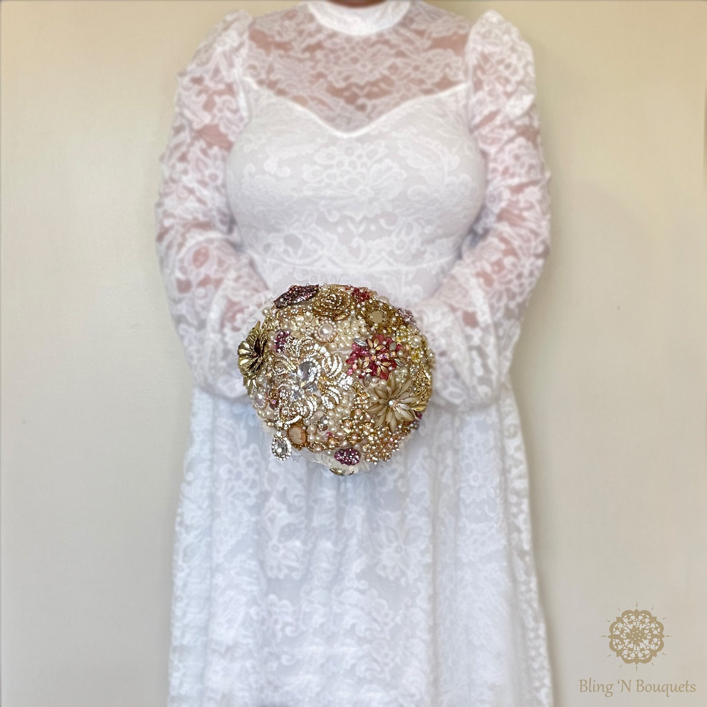 ‘Grandma’s jewelry box’ Wedding Brooch Bouquet gold, pink, ivory vintage style brass candlestick