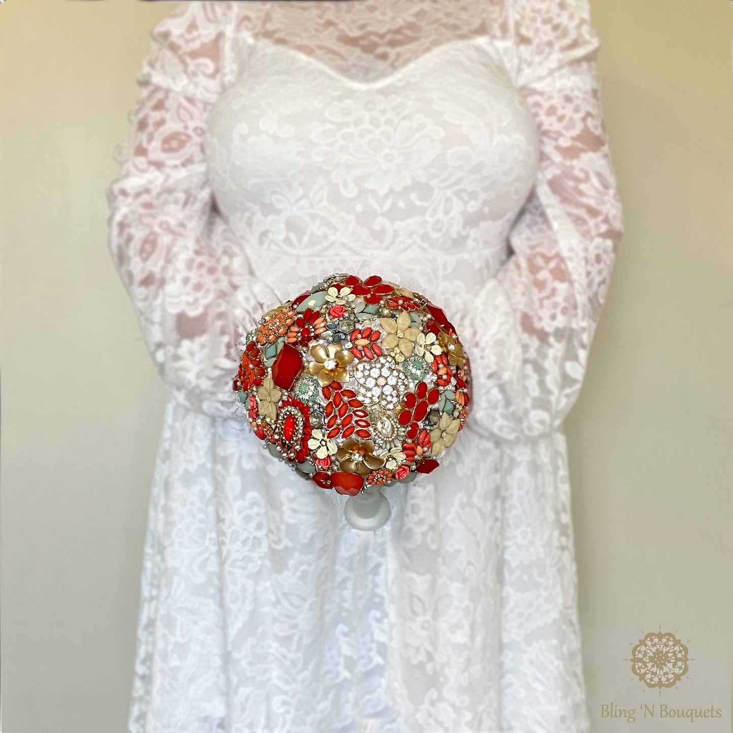 Fun bright bold Bridal Wedding Brooch Bouquet ‘Peppermint’ coral, mint green, red, ivory, white, rust, ombré