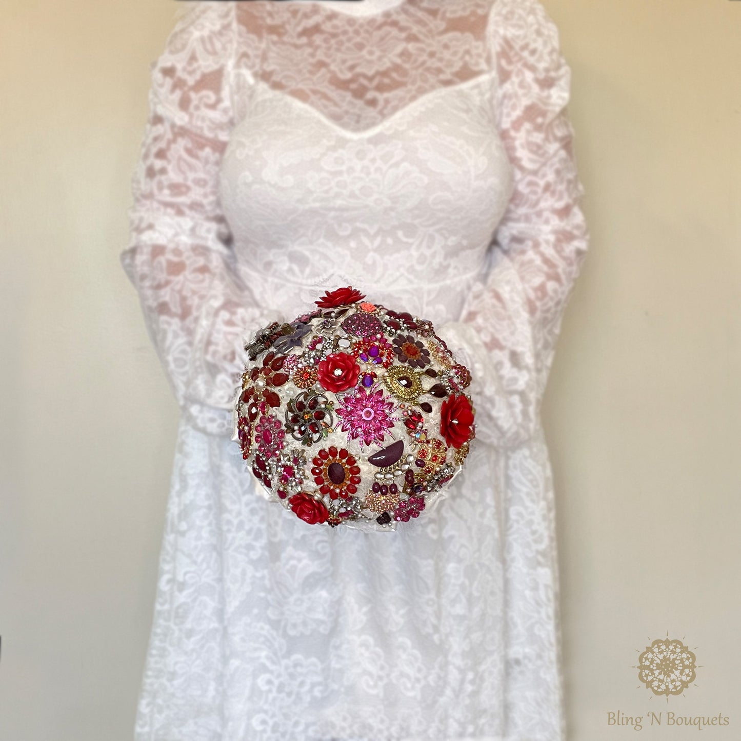 Red Hot Wedding Bridal Brooch Bouquet with reds, pinks, purples, hot pink, magenta, white, glam, sparkle, glitter