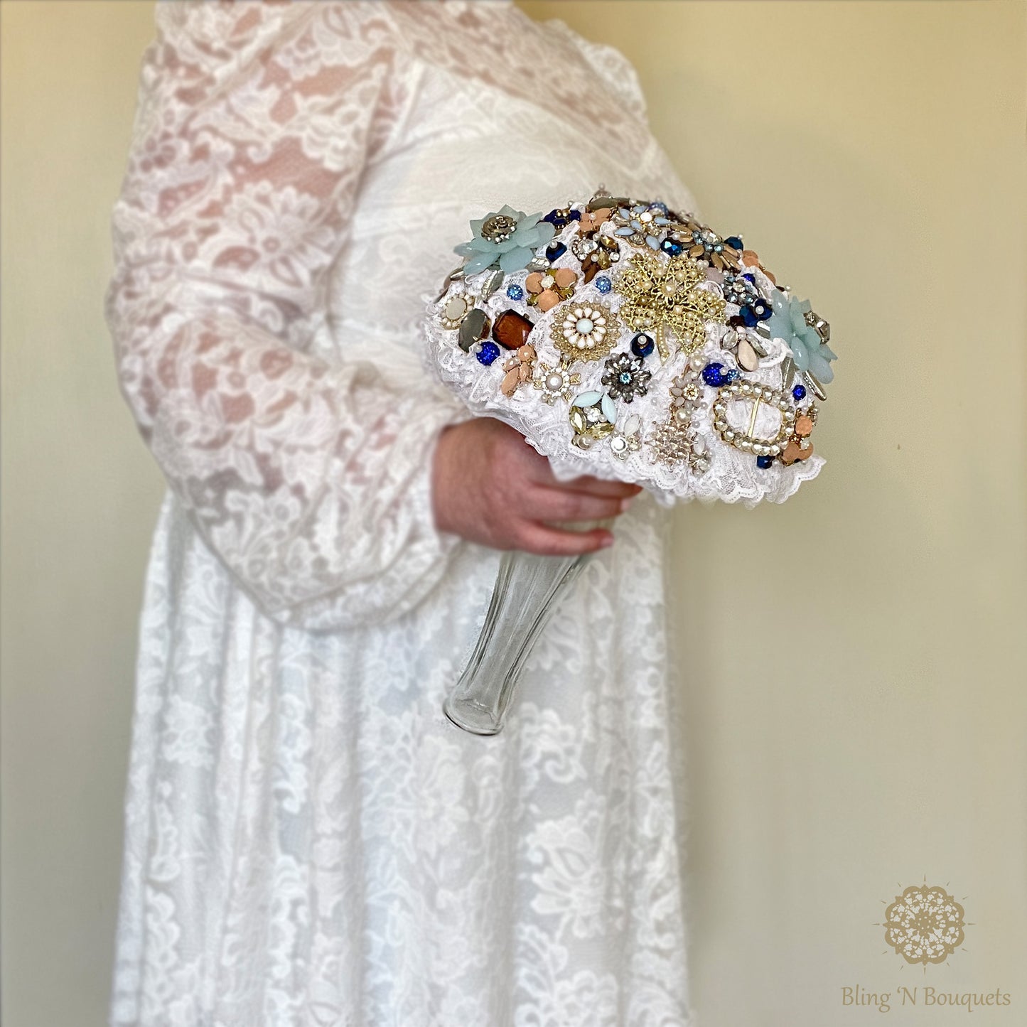 Something Blue Wedding Bridal Brooch bouquet blue, white, peach, gold, unconventional, unique, bling, sparkle, glam, vintage