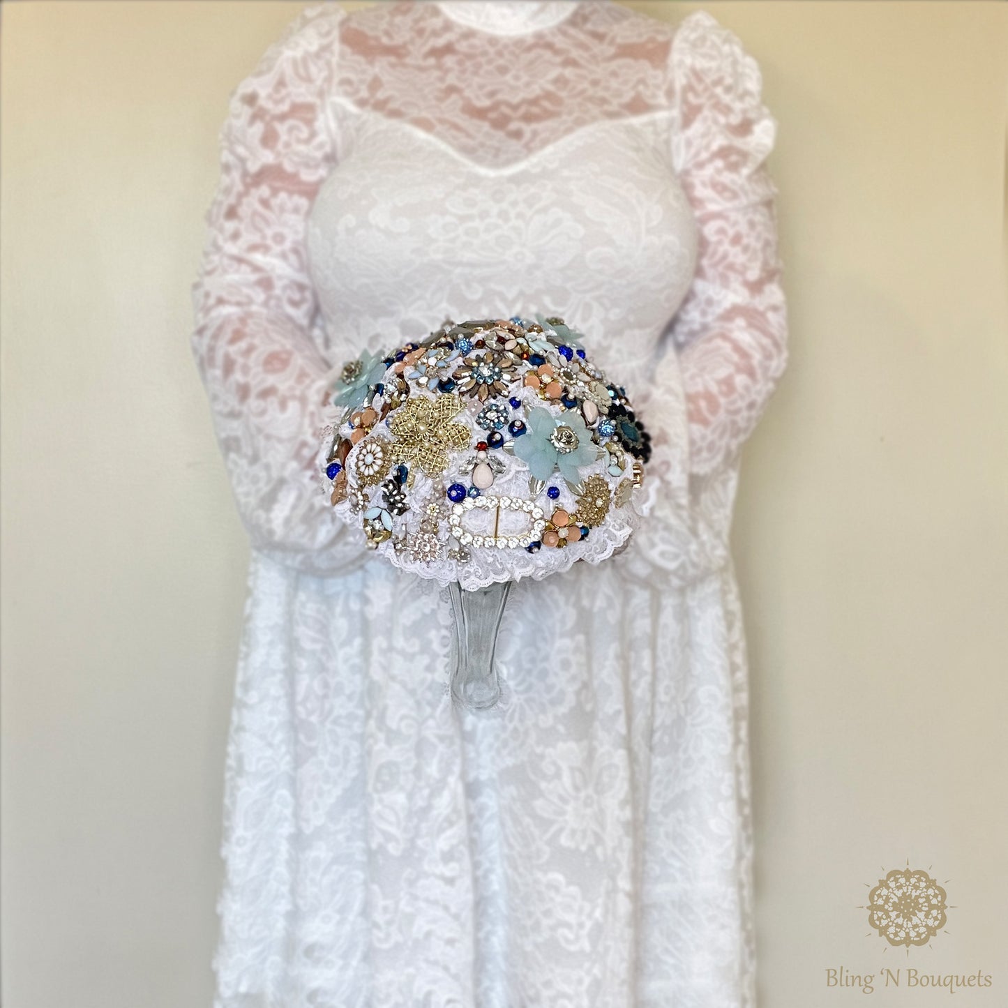 Something Blue Wedding Bridal Brooch bouquet blue, white, peach, gold, unconventional, unique, bling, sparkle, glam, vintage