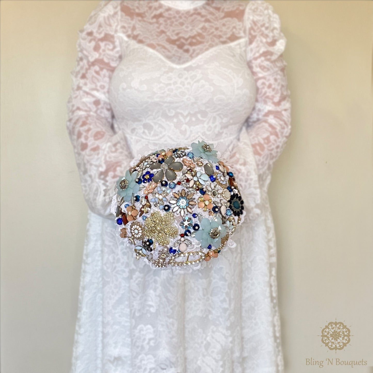 Something Blue Wedding Bridal Brooch bouquet blue, white, peach, gold, unconventional, unique, bling, sparkle, glam, vintage