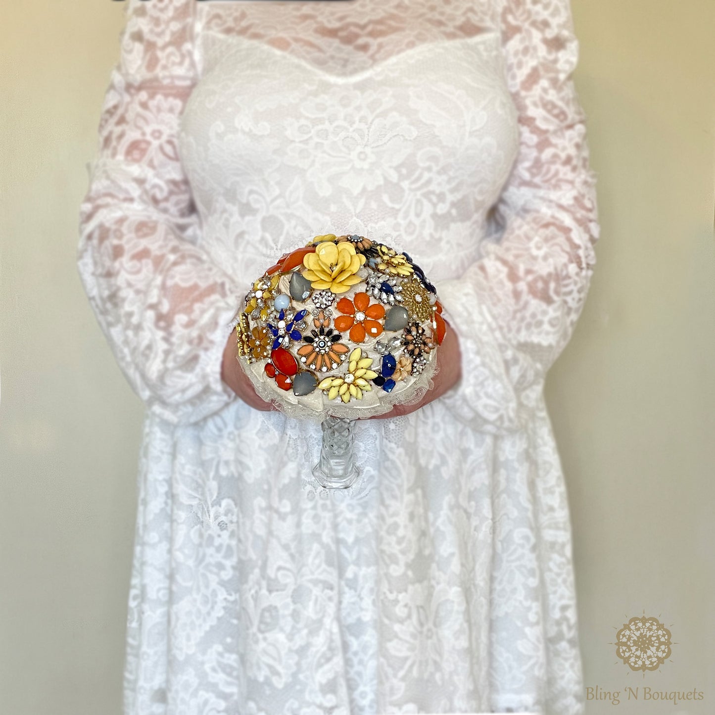 Bridal Wedding Brooch bouquet 'Spring Bloom' Yellow, blue, peach, coral, Unique, unconventional, non-traditional